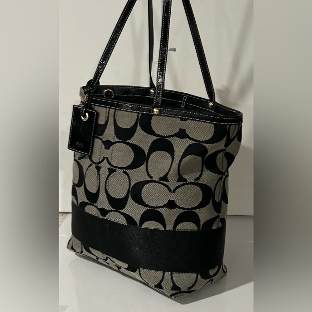 Coach Signature Black Gray Canvas Leather structured logo Shoulder Bag - Picture 7 of 16